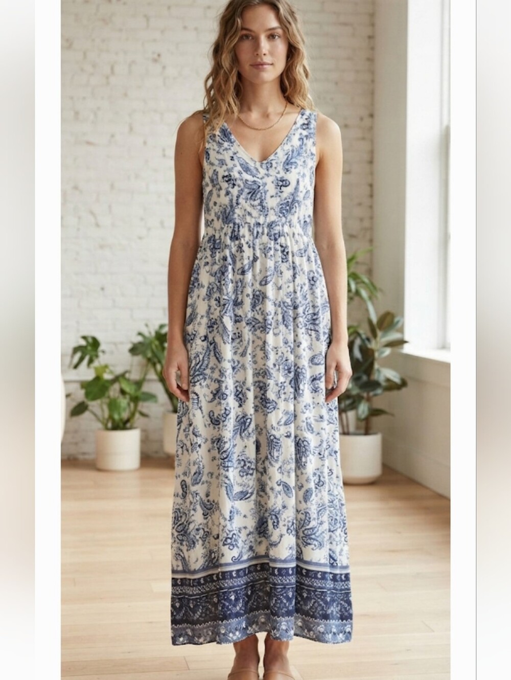 Lucky Brand Maxi Dress Blue White Paisley Sleeveless Boho Prairie cottagecore